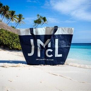 J McLaughlin Logo Tote Bag 21"x12" Blue White Plastic Beach Shopping Shopper VG